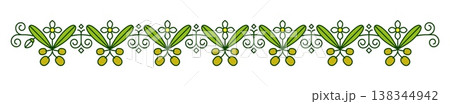 Olive dividers, separators and border frames with green leaves and flowers, vector pattern. Olive branch divider and olives with flourish ornate pattern for Italian design or Greek frame separator Olive dividers, separators and border frames with green leaves and flowers, vector pattern. Olive branch divider and olives with flourish ornate pattern for Italian design or Greek frame separator 138344942