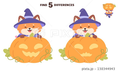 Find differences children game. Educational play for kids with cute cartoon Halloween fox in witch costume with pumpkin. Holiday template, vector design 138344943
