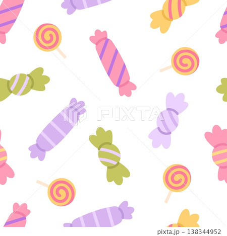 Candies seamless pattern. Candy and lollipops, tasty sweet food. Funny bright print for holidays, festival, birthday party. Wallpaper, fabric template, vector background 138344952