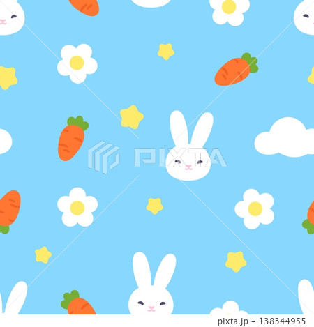 Bunny head, carrots and stars. Children style seamless pattern with groovy elements. Baby nursery template design, print for wallpaper, fabric, vector background Bunny head, carrots and stars. Children style seamless pattern with groovy elements. Baby nursery template design, print for wallpaper, fabric, vector background 138344955