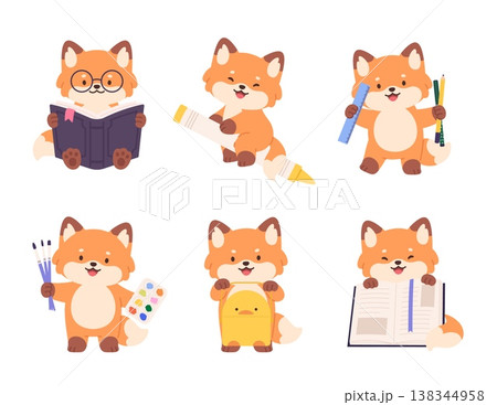 Back to school animals characters. Funny cartoon fox with stationery, book, lunch box. Cute animal flying on crayon, reading and painting, vector set Back to school animals characters. Funny cartoon fox with stationery, book, lunch box. Cute animal flying on crayon, reading and painting, vector set 138344958