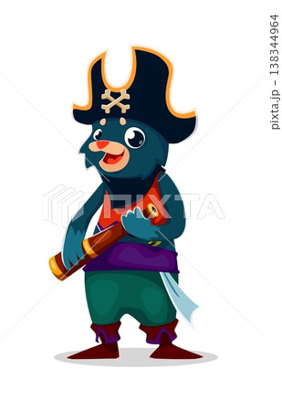 Cartoon animal pirate crew character. Isolated vector corsair personage confidently holding a spyglass, wearing a captain tricorn hat, radiating mischief and nautical spirit, ready for treasures hunts 138344964