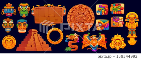 Aztec Inca Maya mexican game icons, vector UI asset. Cartoon stone sign board frame, icons and buttons with ancient pyramid, mayan totem masks and gold coins. Aztec civilization game icons set 138344992