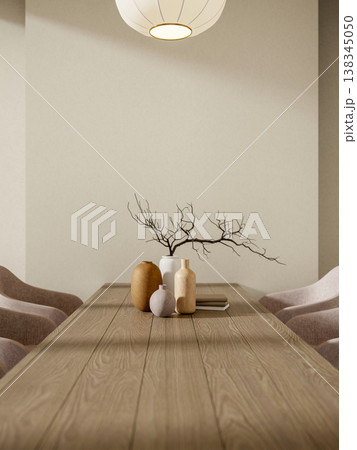 Vases and books on wooden counter table with curve chairs under round hanging lamp in white wall room. Vases and books on wooden counter table with curve chairs under round hanging lamp in white wall room. 138345050