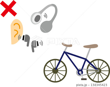 自転車のイヤホン・ヘッドホン運転禁止(音楽を聴きながらの危険行為を注意喚起するイラスト) 138345423