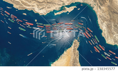 Top view of a long queue of large oil tankers in a narrow sea lane, realistic satellite perspective, concept of global trade and transportation of energy resources 138345577