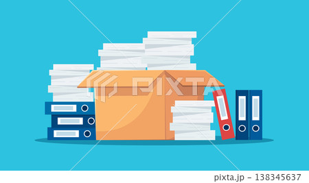 Cardboard Box with Papers and Folders Office Supplies vector illustration 138345637