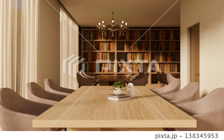 Wooden table and curved chairs with chandelier hanging aside bookshelf and window curtain in library Wooden table and curved chairs with chandelier hanging aside bookshelf and window curtain in library 138345953