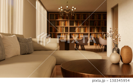Sofa couch and round wooden table with chandelier hanging aside bookshelf and window in the library. 138345954