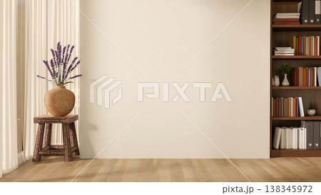 Lavender vase on chair aside window curtain and wooden bookshelf on parquet floor in white wall room 138345972