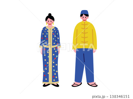 シンガポールの伝統的な民族衣装を着た男女のイラスト 138346151