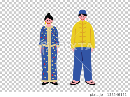 シンガポールの伝統的な民族衣装を着た男女のイラスト 138346151