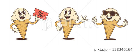 Funny Ice Cream Cone Cartoon Character Mascot Poses With Coupon Vector Illustration Funny Ice Cream Cone Cartoon Character Mascot Poses With Coupon Vector Illustration 138346164