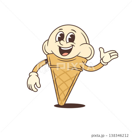 Happy Friendly Waving Retro Ice Cream Cone Mascot Cartoon Character Vector Illustration 138346212