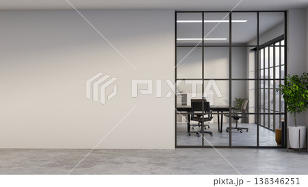 Potted plant on grey stone floor corridor aside glass wall and white wall of meeting room in office. Potted plant on grey stone floor corridor aside glass wall and white wall of meeting room in office. 138346251