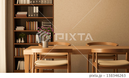 Wooden table with flower pot and armchairs across bookshelf and beige wall in library or living room Wooden table with flower pot and armchairs across bookshelf and beige wall in library or living room 138346263