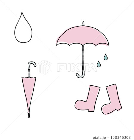 梅雨に使える傘と長靴と線画の水滴の手描きイラスト 138346308