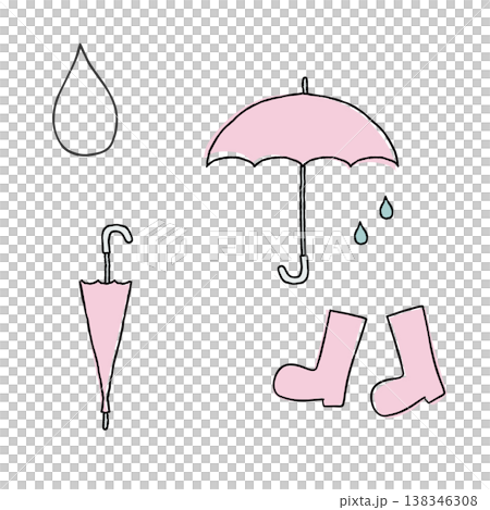 梅雨に使える傘と長靴と線画の水滴の手描きイラスト 138346308