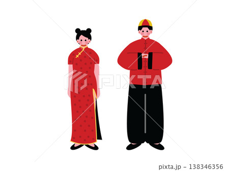中国の伝統的な民族衣装を着た男女のイラスト 中国の伝統的な民族衣装を着た男女のイラスト 138346356