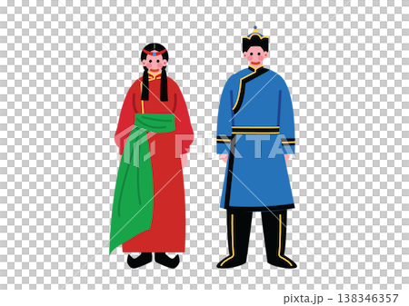圖中描繪了一位身著蒙古族傳統服飾的男子和一位女子。 圖中描繪了一位身著蒙古族傳統服飾的男子和一位女子。 138346357