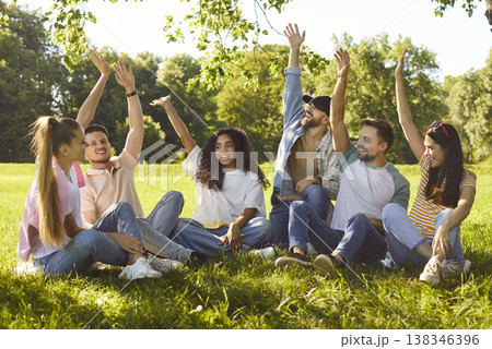 Happy diverse group of friends, people sitting together in circle, green sunny outdoor park 138346396
