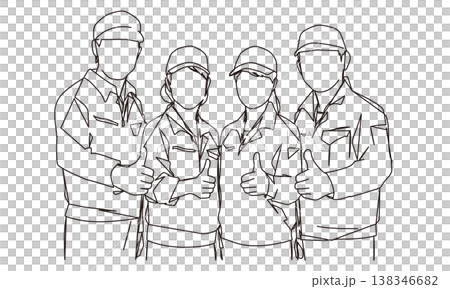 描繪男女工人一起工作的線條藝術插圖。 描繪男女工人一起工作的線條藝術插圖。 138346682