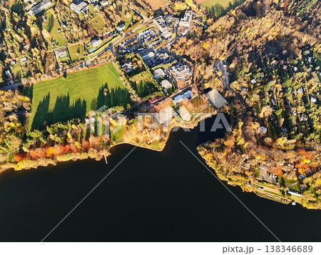 Beautiful landscape shot with nature and water from the top from a drone. Brno Dam, Czech Republic-Europe Beautiful landscape shot with nature and water from the top from a drone. Brno Dam, Czech Republic-Europe 138346689