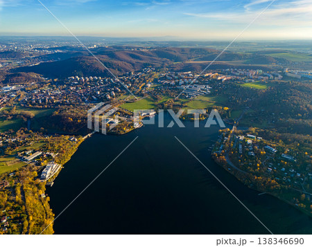 Beautiful landscape shot with nature and water from the top from a drone. Brno Dam, Czech Republic-Europe Beautiful landscape shot with nature and water from the top from a drone. Brno Dam, Czech Republic-Europe 138346690