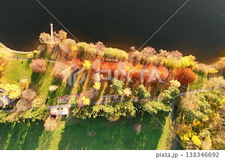 Beautiful landscape shot with nature and water from the top from a drone. Brno Dam, Czech Republic-Europe Beautiful landscape shot with nature and water from the top from a drone. Brno Dam, Czech Republic-Europe 138346692