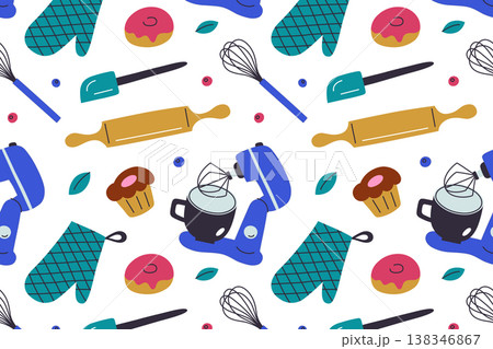 Baking tools seamless pattern with mixer, rolling pin, whisk, silicone spatulas, muffin and donut. Pastry and confectionery kitchen equipment, home cooking flat cartoon vector illustration Baking tools seamless pattern with mixer, rolling pin, whisk, silicone spatulas, muffin and donut. Pastry and confectionery kitchen equipment, home cooking flat cartoon vector illustration 138346867