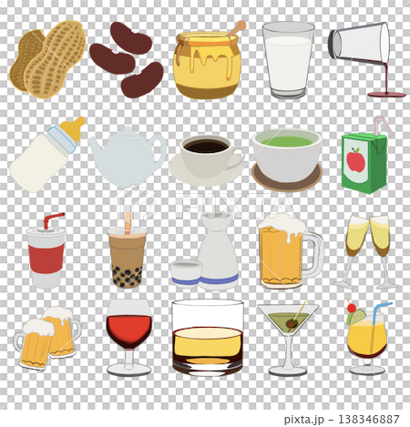 一組各種食物和飲料的插圖 138346887