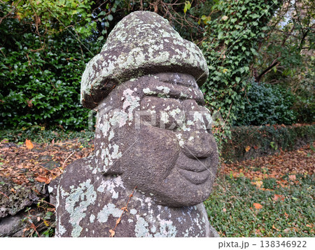 This is Dolhareubang covered in moss. Dol hareubang is a traditional stone statue of Jeju Island. This is Dolhareubang covered in moss. Dol hareubang is a traditional stone statue of Jeju Island. 138346922