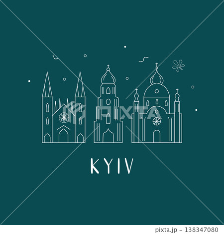 Kyiv landmarks skyline in line style vector illustration 138347080