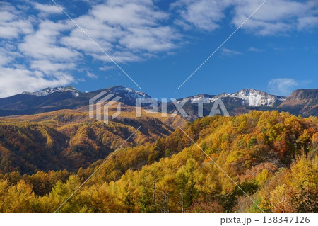 青空を背景に松原湖高原から望む八ヶ岳連峰と黄金色に染まる山麓の尾根風景 Ver2 青空を背景に松原湖高原から望む八ヶ岳連峰と黄金色に染まる山麓の尾根風景 Ver2 138347126