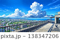 夏の青空と海が見える学校の屋上で語り合う女子高校生のアニメ風背景イラスト 138347206