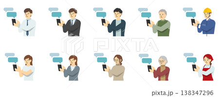 フラットイラスト：スマートフォンを操作する人セット(上半身) 138347296