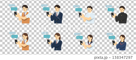 Flat illustration: A set of students (upper body) using a smartphone. Flat illustration: A set of students (upper body) using a smartphone. 138347297