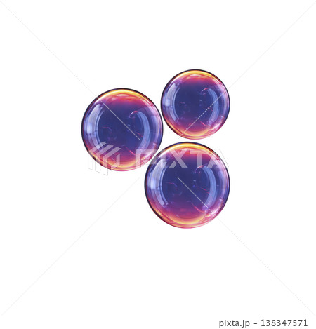 Three iridescent soap bubbles float against transparency background, displaying spectrum of colors including purple, pink, and orange. bubbles appear delicate and translucent, capturing light 138347571