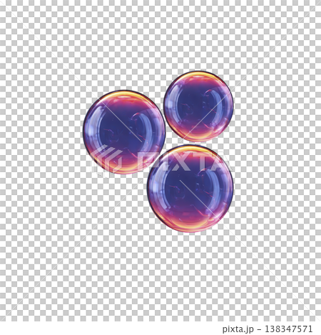 Three iridescent soap bubbles float against transparency background, displaying spectrum of colors including purple, pink, and orange. bubbles appear delicate and translucent, capturing light 138347571