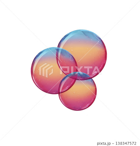 Colorful overlapping soap bubbles with gradient of pink, orange, and blue hues create whimsical and dreamy effect against transparent background 138347572