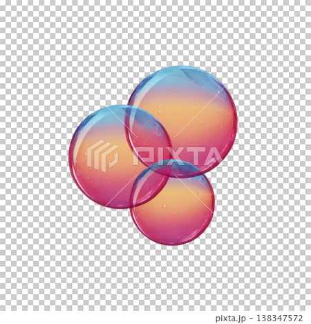 Colorful overlapping soap bubbles with gradient of pink, orange, and blue hues create whimsical and dreamy effect against transparent background 138347572