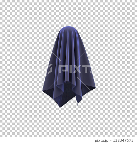 Dark blue, semi transparent fabric draped over invisible object creates mysterious and ghostly appearance. fabric smooth texture and flowing folds add ethereal quality to scene Dark blue, semi transparent fabric draped over invisible object creates mysterious and ghostly appearance. fabric smooth texture and flowing folds add ethereal quality to scene 138347573