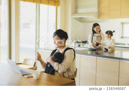 リビングで在宅勤務する男性　 138348087