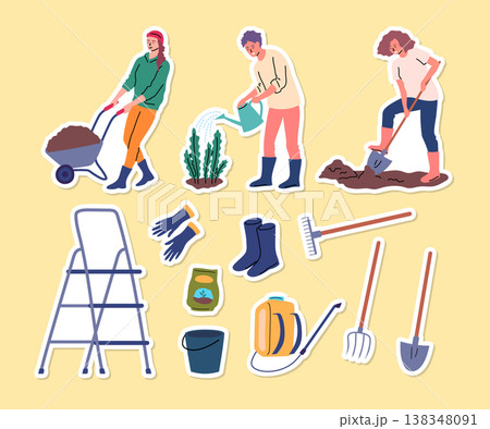 Cartoon Color Farming Life Concept Characters Farmers with Tools Stickers Set Flat Design Style. Vector illustration 138348091
