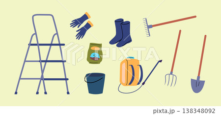 Cartoon Color Farming Life Concept Agricultural Tools Set Flat Design Style. Vector illustration of Bucket, Ladder, Sprayer, Rake and Shovel Cartoon Color Farming Life Concept Agricultural Tools Set Flat Design Style. Vector illustration of Bucket, Ladder, Sprayer, Rake and Shovel 138348092