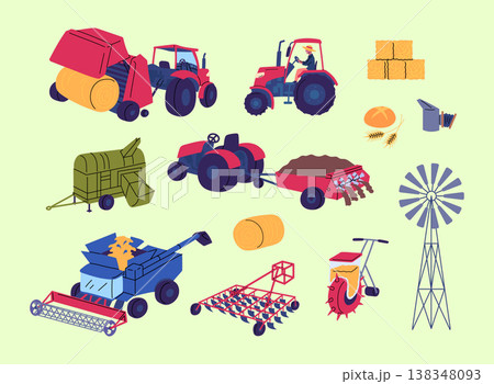Cartoon Color Farming Life Concept Agricultural Vehicles Set Flat Design Style. Vector illustration of Tractor and Combine 138348093