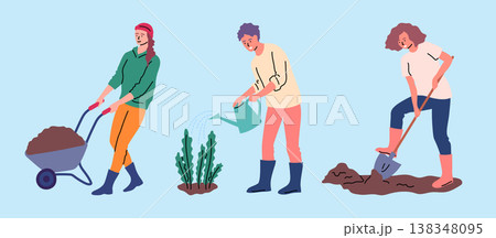 Cartoon Color Farming Life Concept Characters Farmers with Tools Set Flat Design Style. Vector illustration Cartoon Color Farming Life Concept Characters Farmers with Tools Set Flat Design Style. Vector illustration 138348095