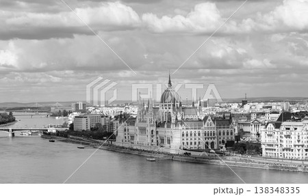 Black and white panoramic cityscape view of Budapest, capital city of Hungary Black and white panoramic cityscape view of Budapest, capital city of Hungary 138348335
