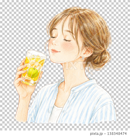 Watercolor illustration of a woman drinking a plum drink. A refreshing character illustration by AI. Watercolor illustration of a woman drinking a plum drink. A refreshing character illustration by AI. 138348474