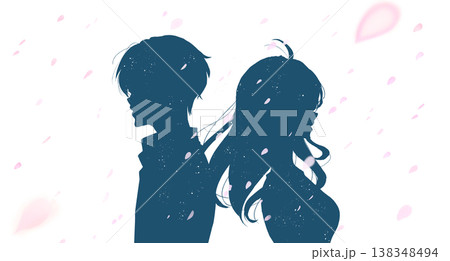 背中合わせの男女　切ない　桜吹雪　シルエット 138348494